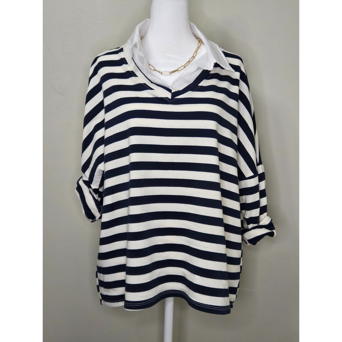 Style 1010 Nautical Striped Oversized V-Neck Pullover