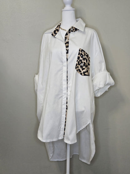 STYLE 1032 Animal print pocket white oversize drop tale shirt