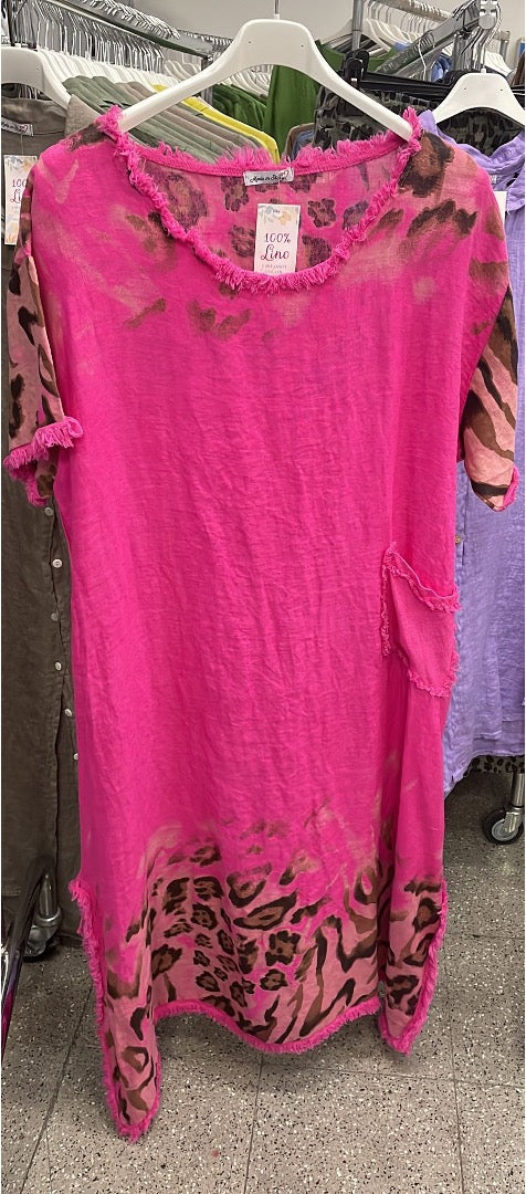 Style 1085 S/S Raw edge hot pink linen dress with animal print detail